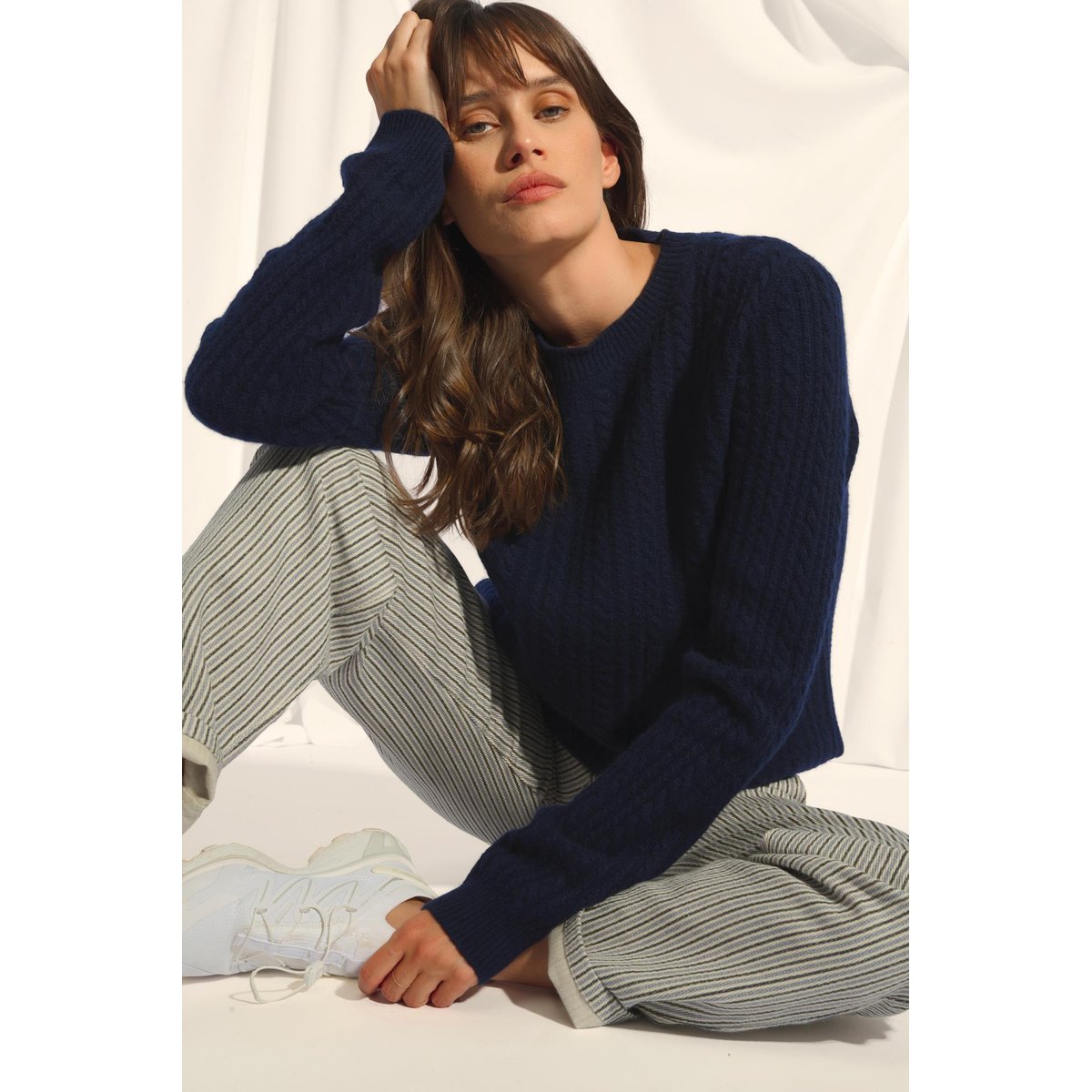 Pull Col Rond 4 Fils Navy Sarah bleu foncé, JUST CASHMERE