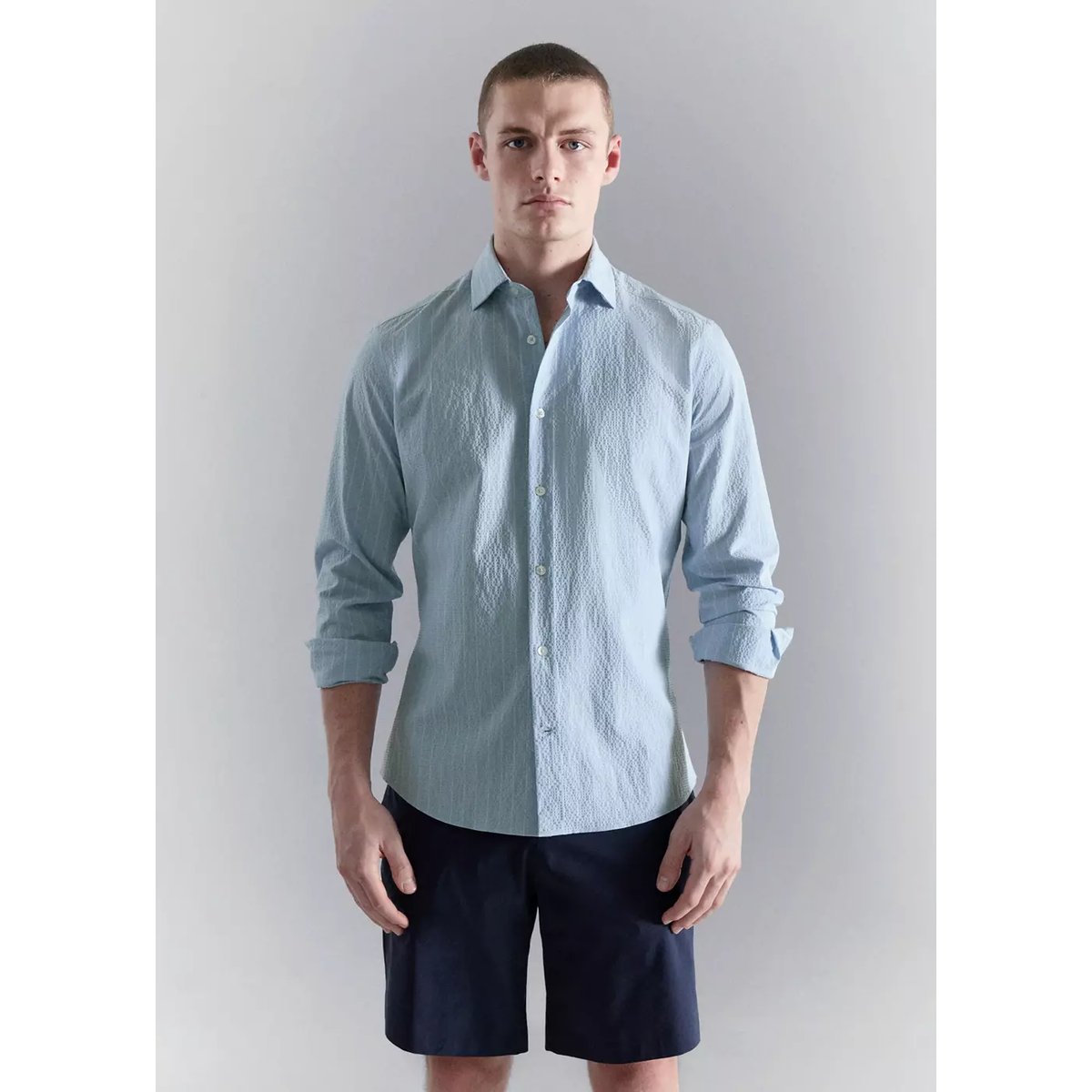 Chemise rayures tennis effet froissé bleu ciel, MANGO MAN