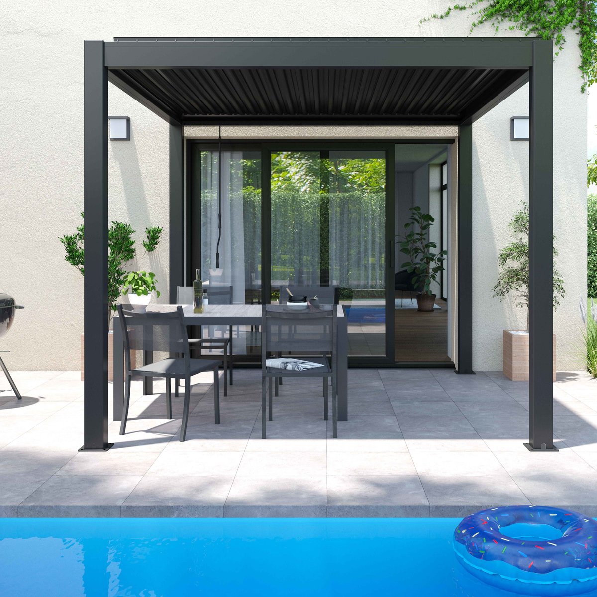 Pergola bioclimatique autoportée gris 3 x 3 x 2.57 m gris, OVIALA
