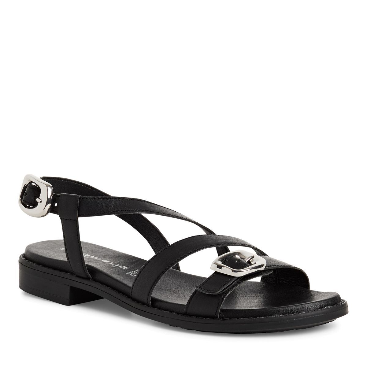 Sandales plates en cuir noir, TAMARIS