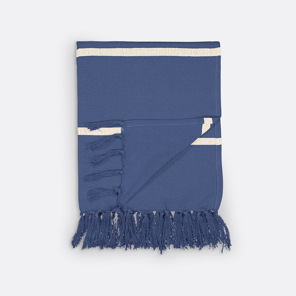 Gestreifter Sofa-Überwurf Nedo mit Fransen, Baumwolle blau/ecru, LA REDOUTE INTERIEURS