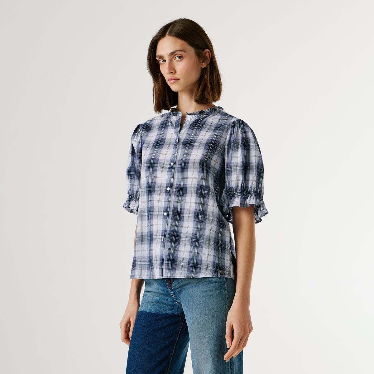 Blouse À Carreaux Avec Volants bleu des profondeurs, PEPE JEANS