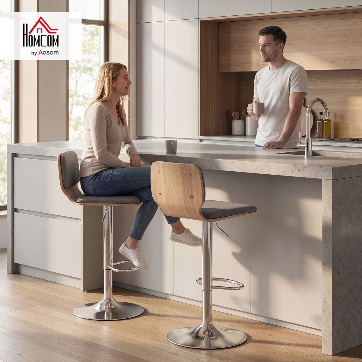 Tabouret de bar Tissu effet lin (100 % gris, bois clair, HOMCOM
