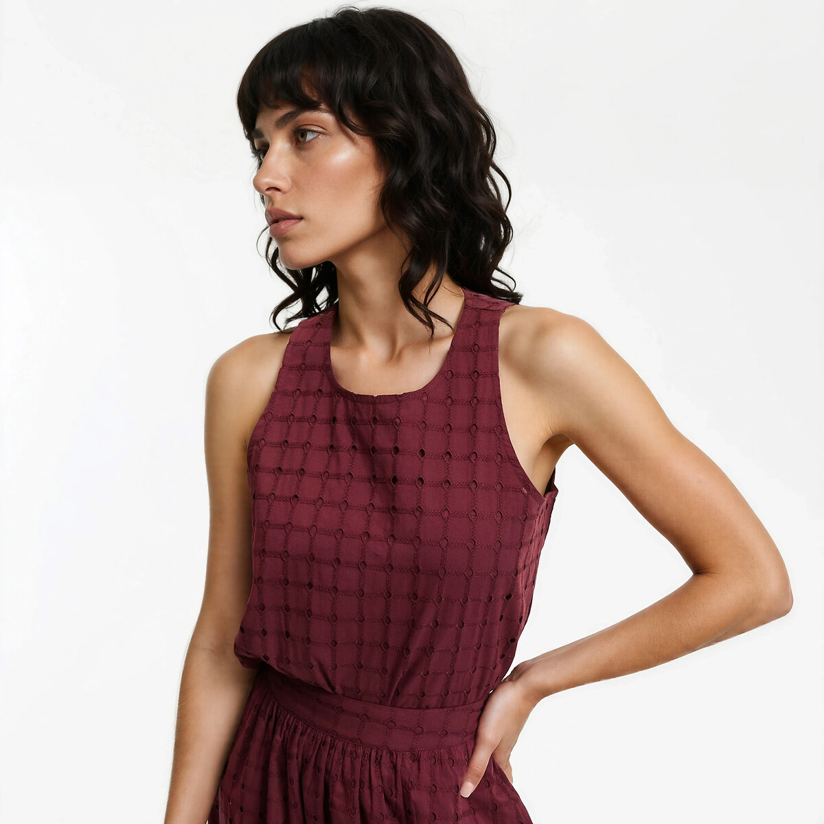 Top sans manches col rond en broderie anglaise marron, LA REDOUTE COLLECTIONS