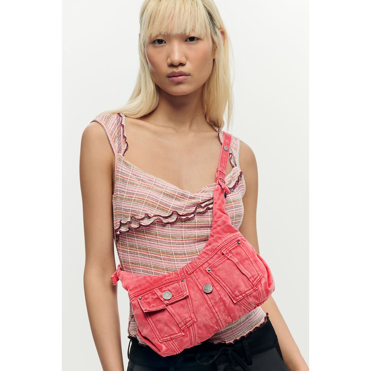 Sac à épaule en denim de taille moyenne rouge, DESIGUAL