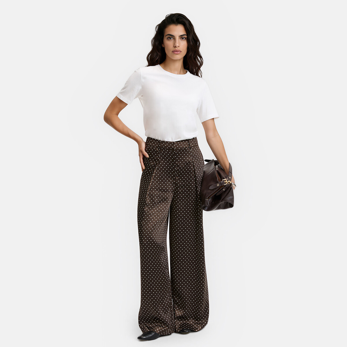 Satin Polka Dot Wide Leg Trousers brown/ecru polka dot print, LA REDOUTE COLLECTIONS