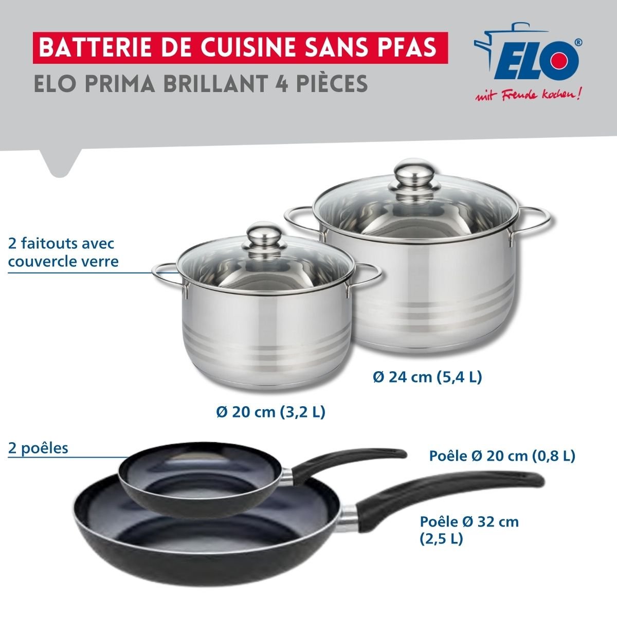 Batterie 2 poêles 20/32cm + 2 faitouts 20/24cm PRIMA BRILLANT noir, ELO