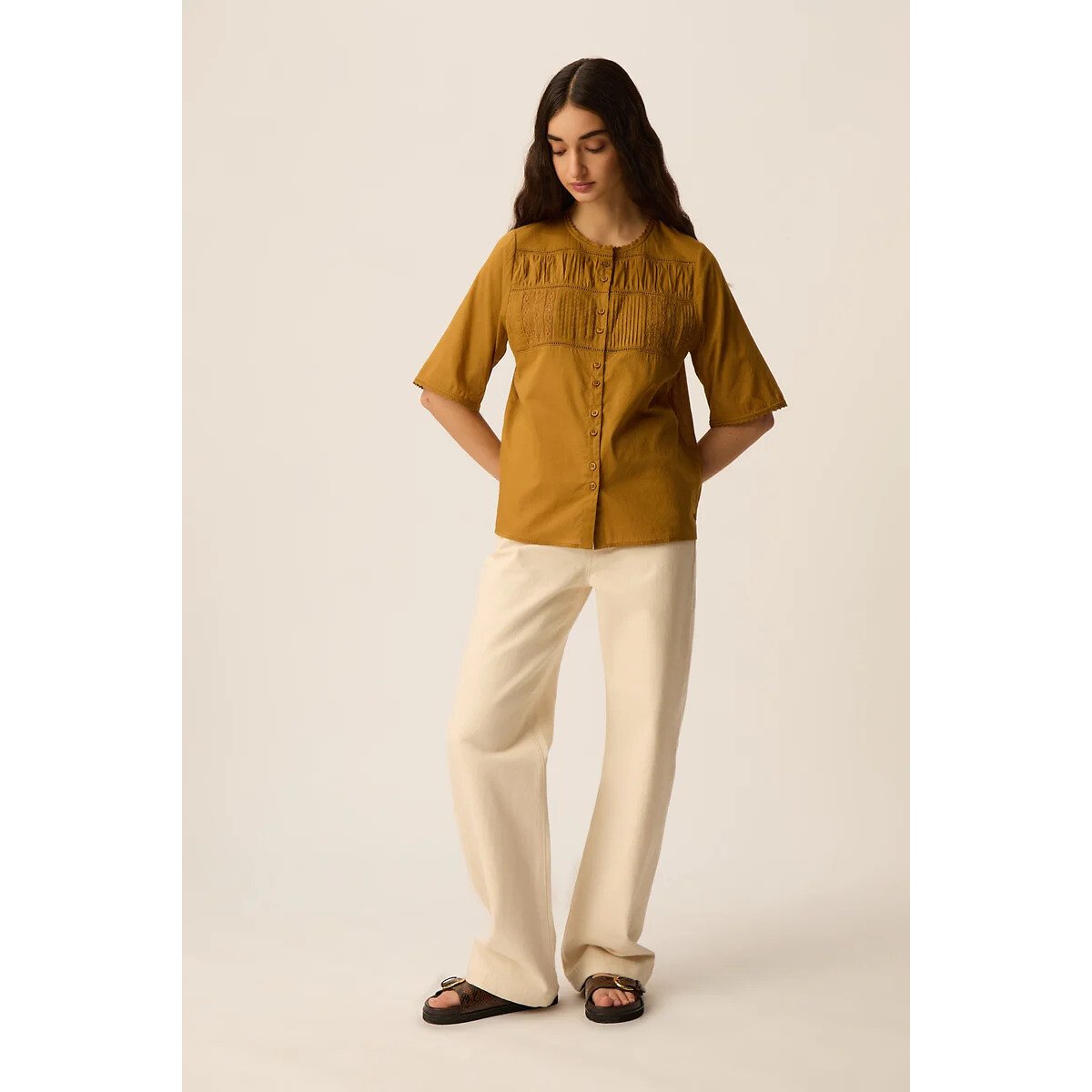 Blouse à manches courtes avec détails en dentelle, SALEM ocre, DES PETITS HAUTS