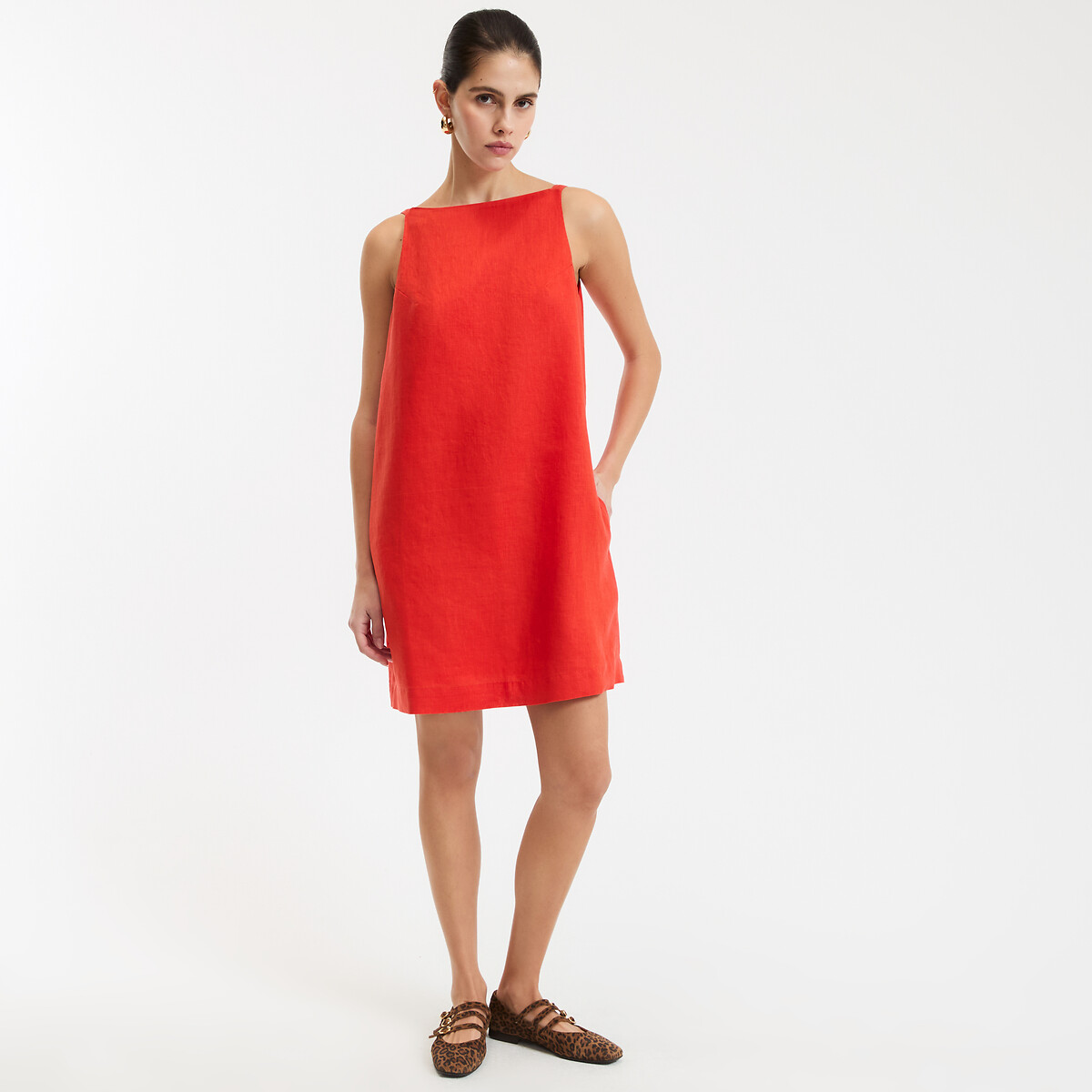 Abito dritto in lino, corto, senza maniche rosso granatina, LA REDOUTE COLLECTIONS