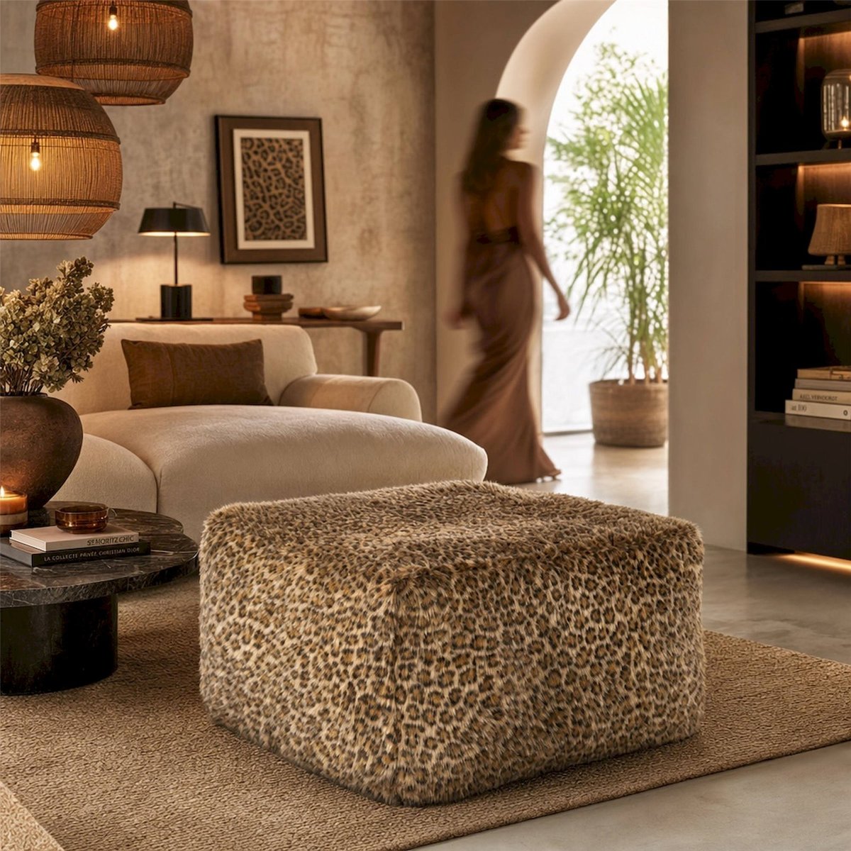 Pouf motif léopard rouille et beige, RECOLLECTION