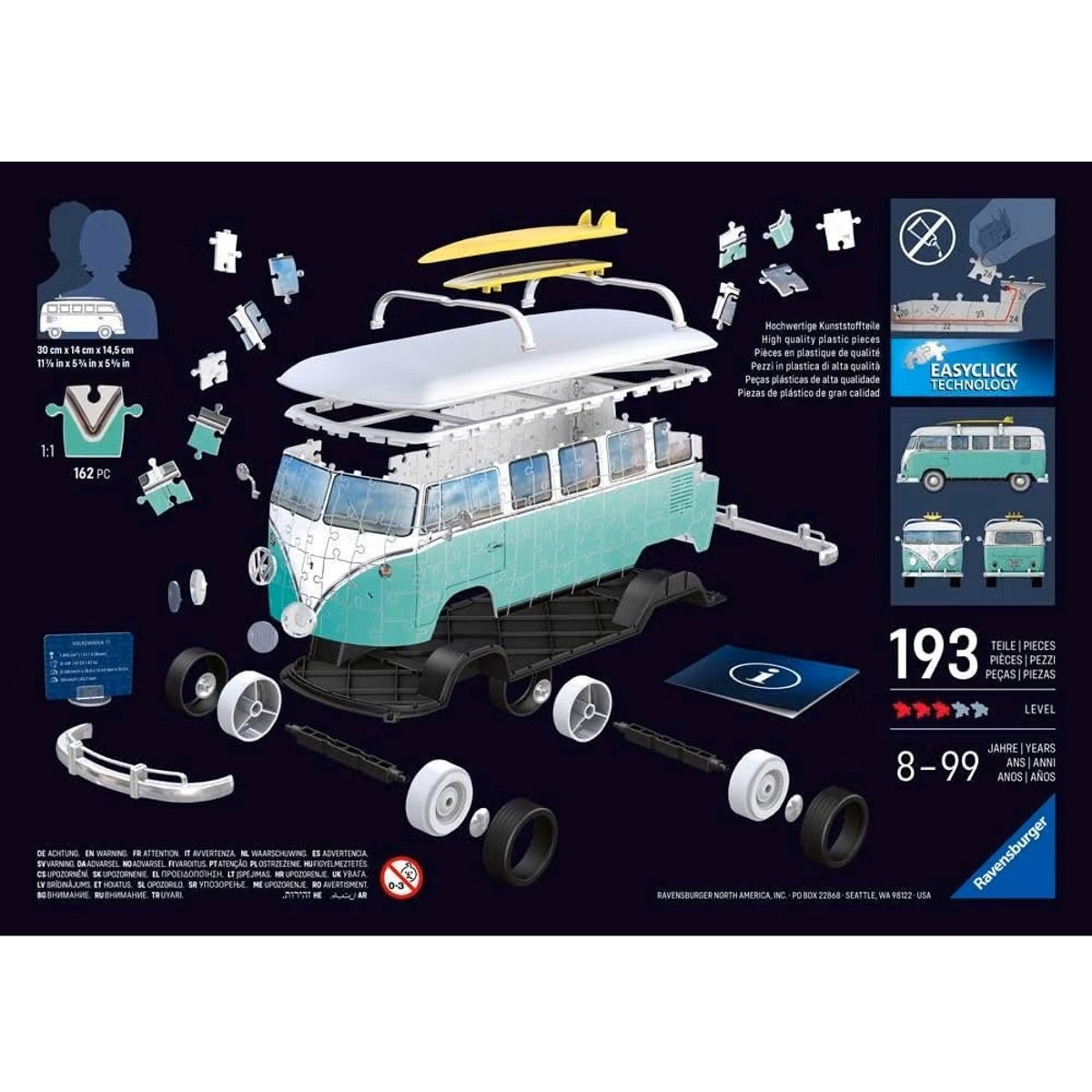 Puzzle 3D Combi T1 Volkswagen Chrome 162 pcs bleu, RAVENSBURGER