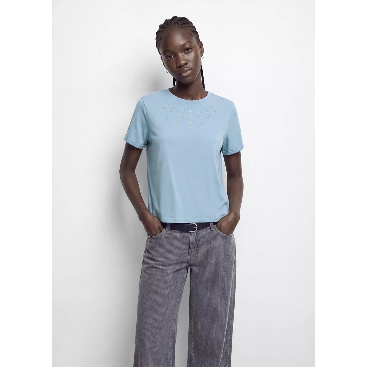 T-shirt coton à strass bleu, MANGO TEEN