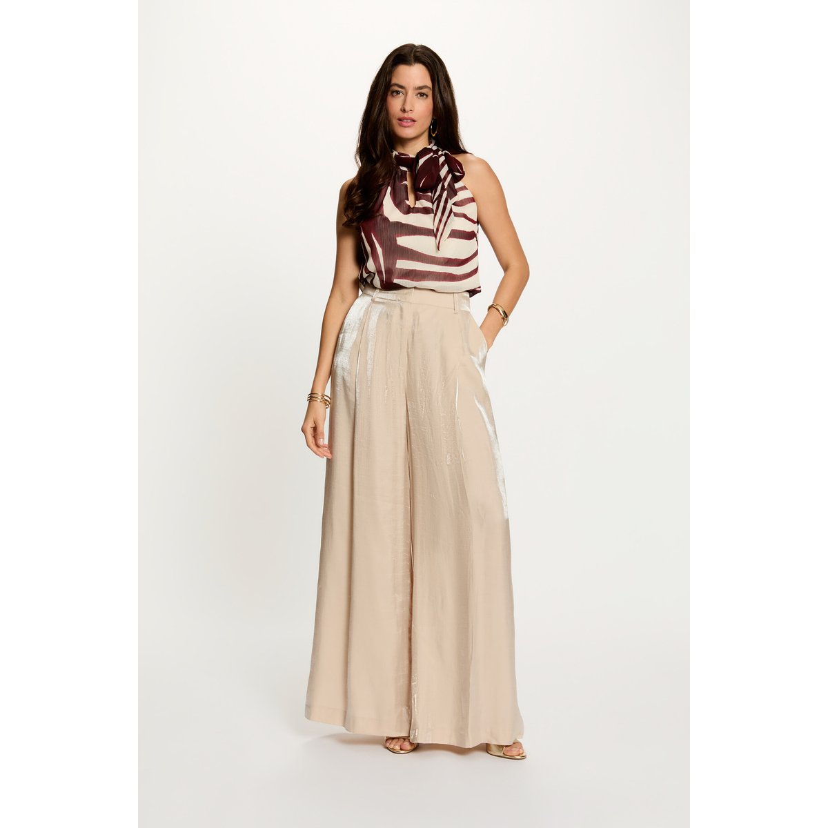 Top plissé col lavallière multicolore, MORGAN