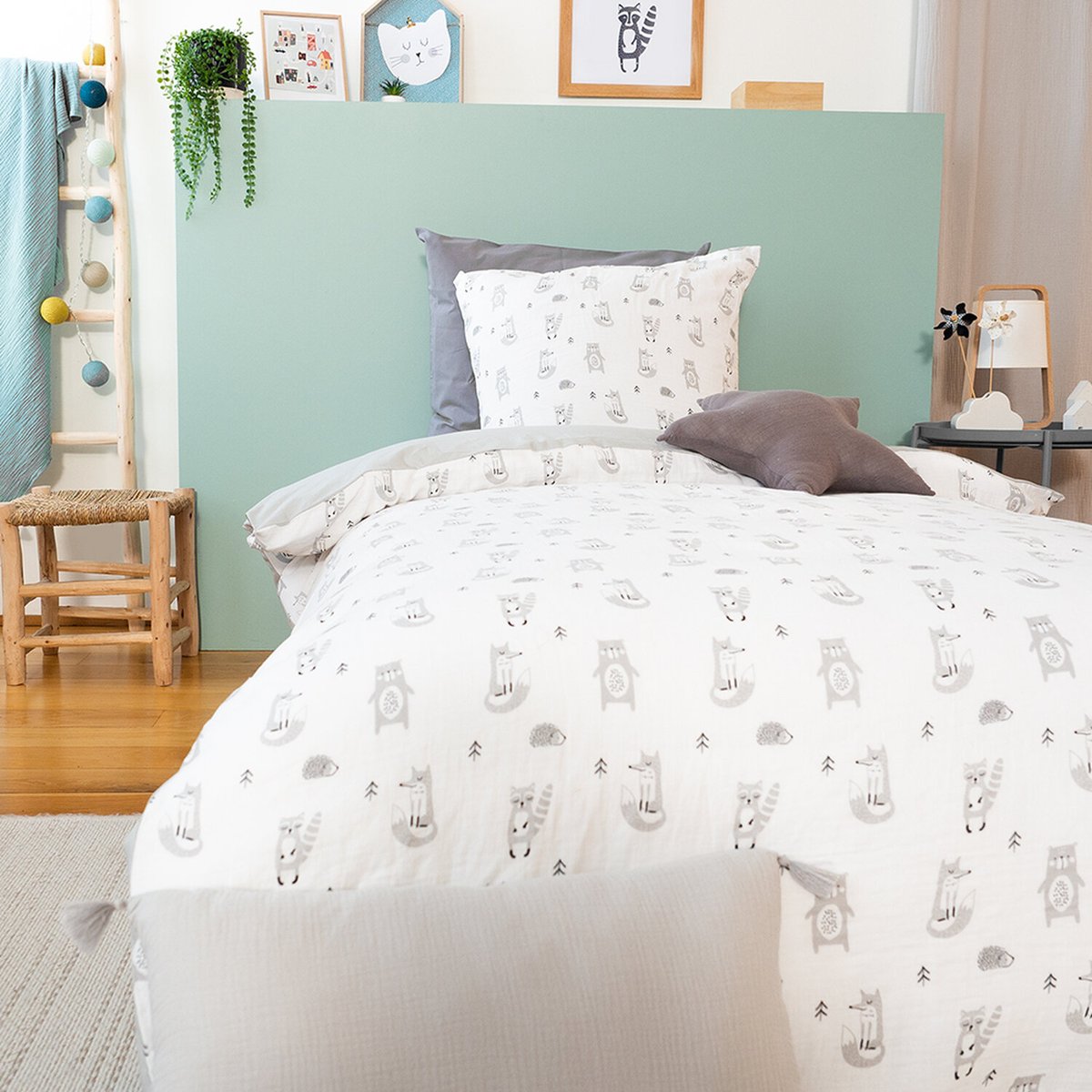 Parure de lit enfant + taie en gaze de coton, Foret gris, C DESIGN HOME TEXTILE