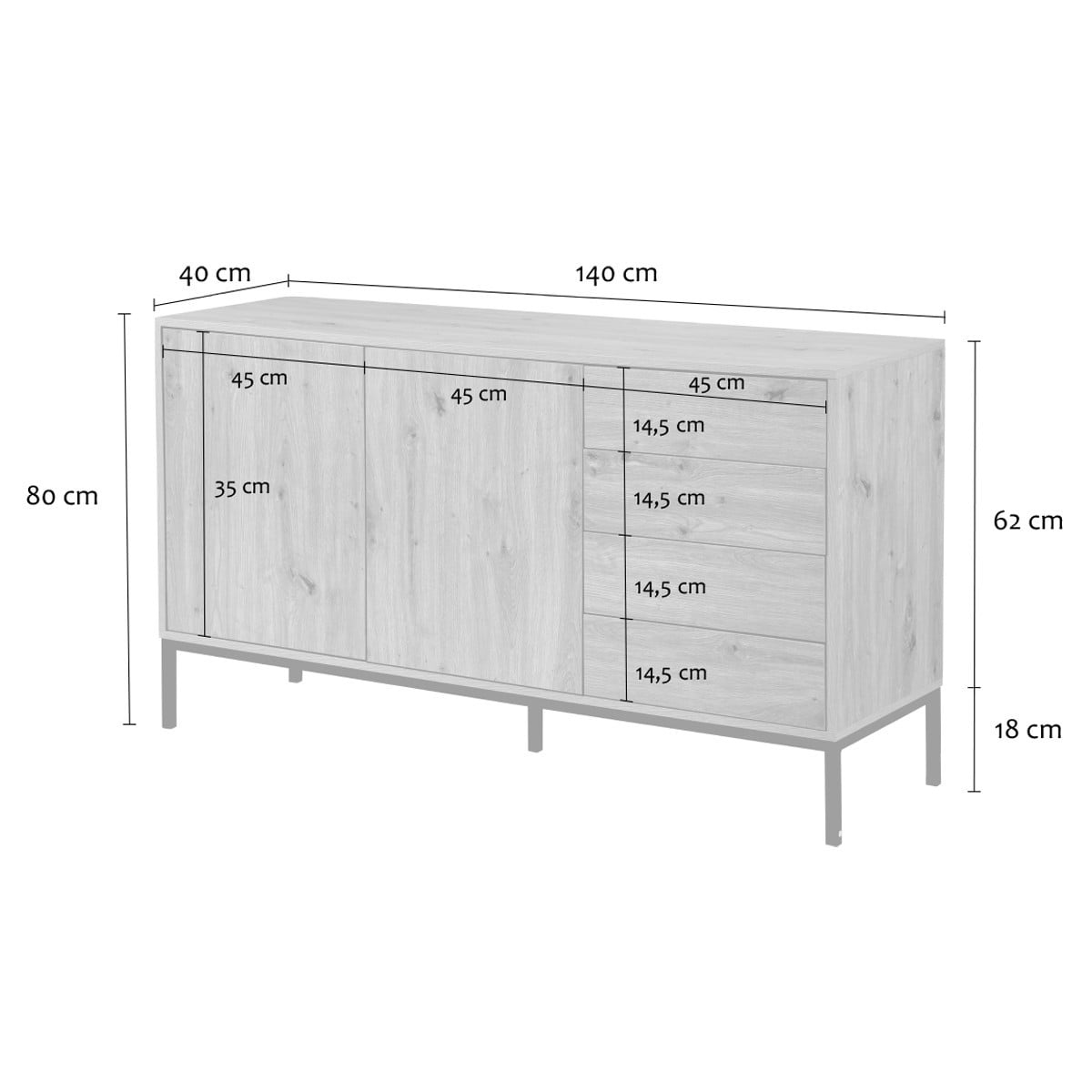Buffet 2 portes et 4 tiroirs LENNY bois clair, CALICOSY