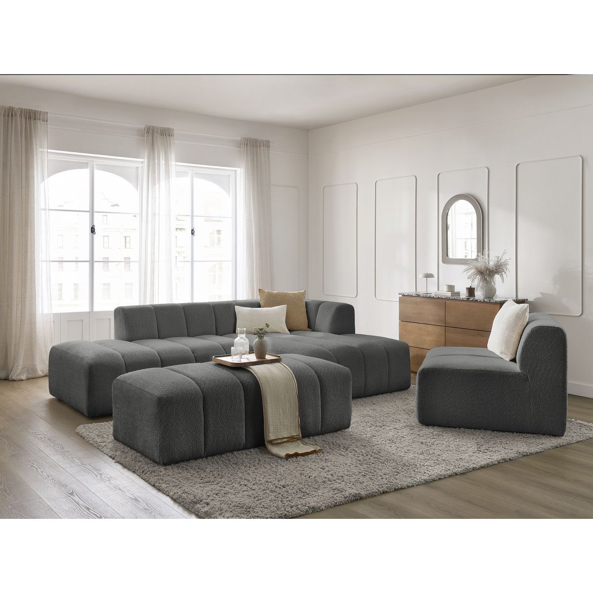 Canapé modulable 5 places en tissu bouclette, ANNECY gris foncé, BOBOCHIC