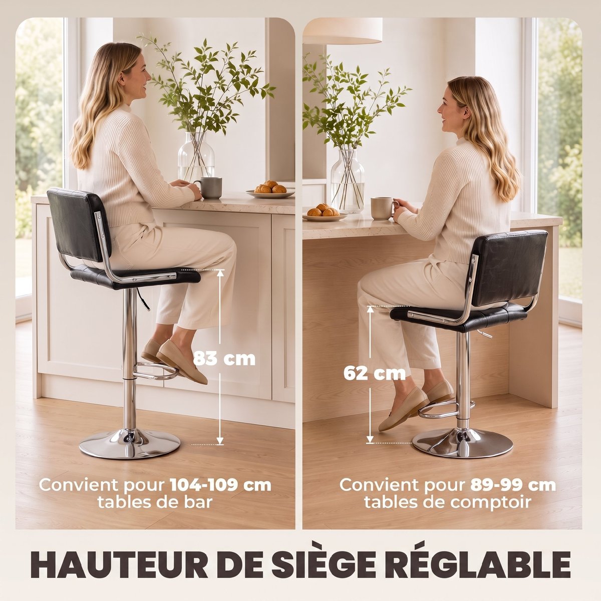 Tabouret de bar PU Noir noir, argenté, HOMCOM