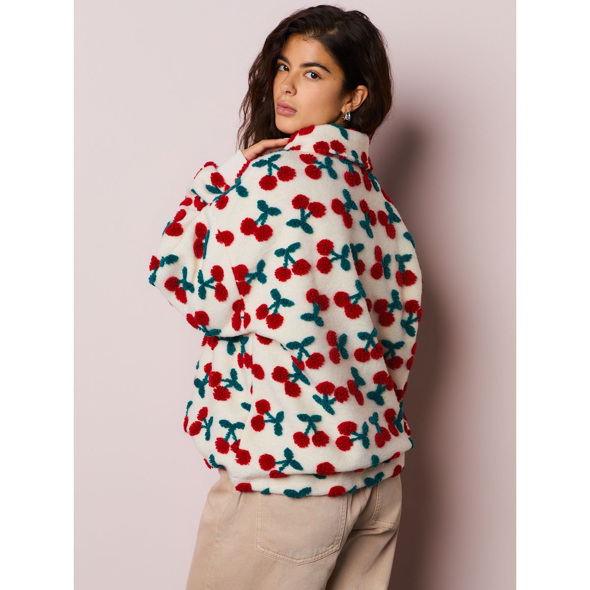 Polaire en peau lainée à col zippé et cerise rouge écru blanc, NEXT
