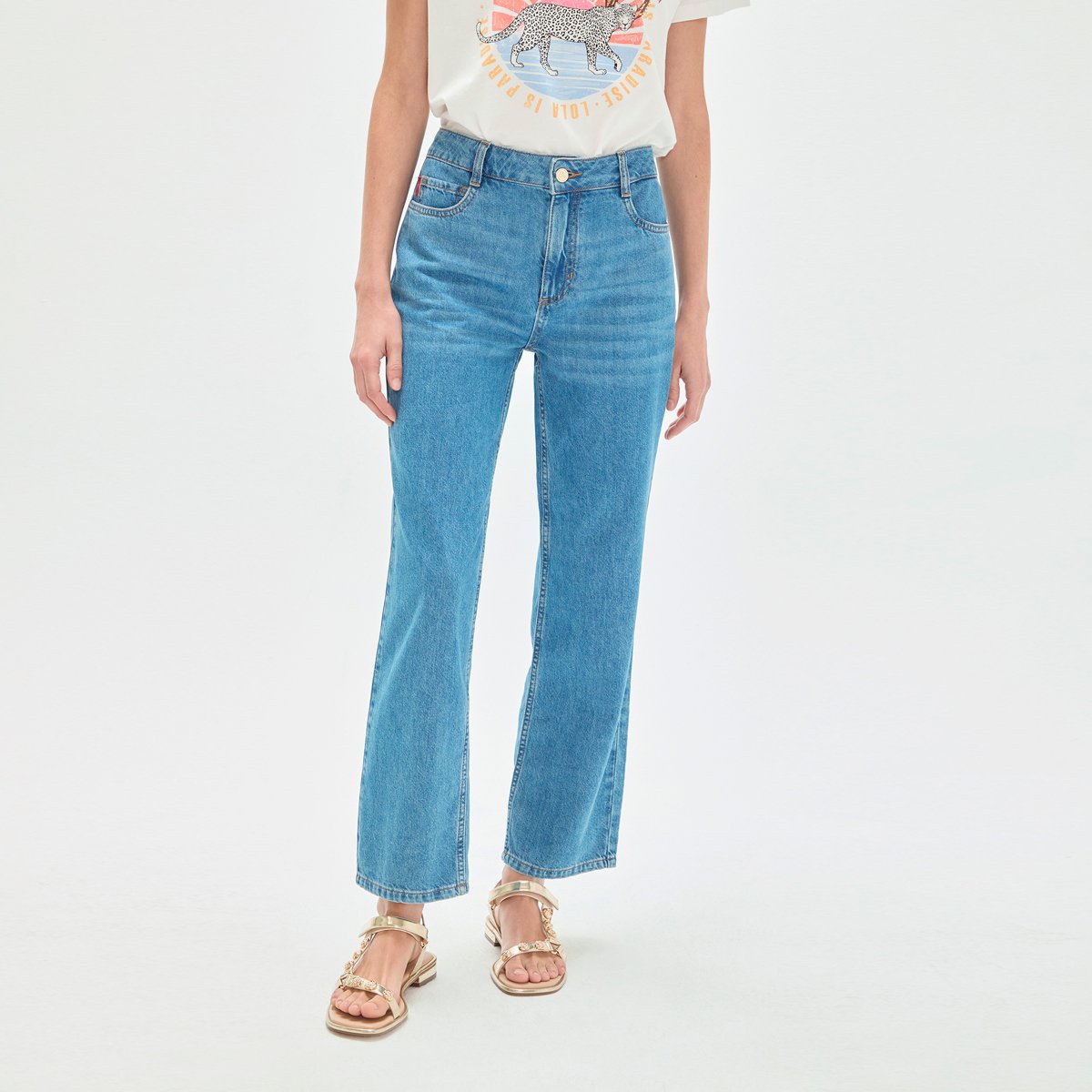 Jean droit à détails brodés denim, LOLA CASADEMUNT