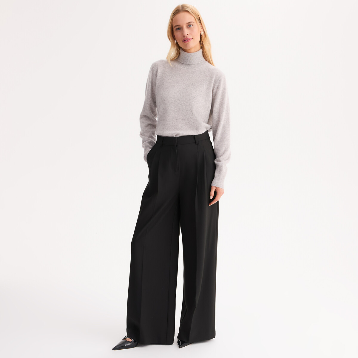 Pantalón ancho, talle alto negro, ANNE WEYBURN