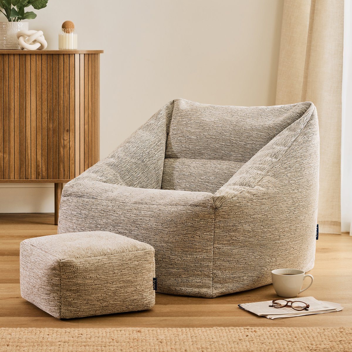 Pouf fauteuil salon et son repose-pied carré en tissu tissé Oeko-Tex® - NATALIA naturel beige, ICON