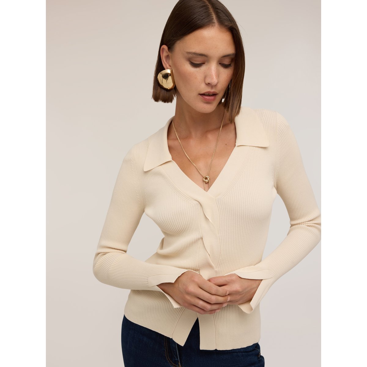 Pull côtelé avec détail torsadé blanc, MOTIVI