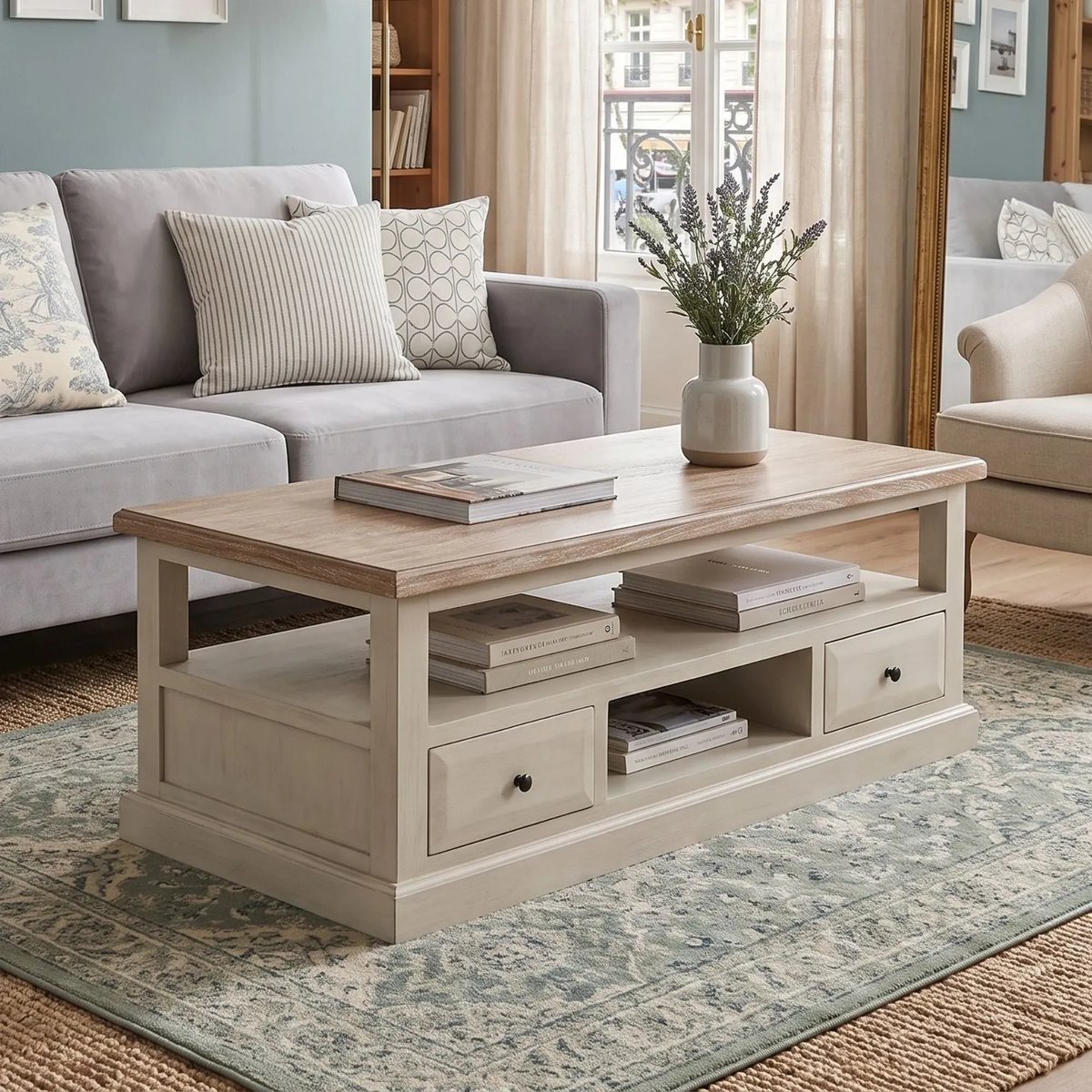 Table basse rectangulaire 4 tiroirs 2 niches crème - VILLAS gris, HELLIN, DEPUIS 1862
