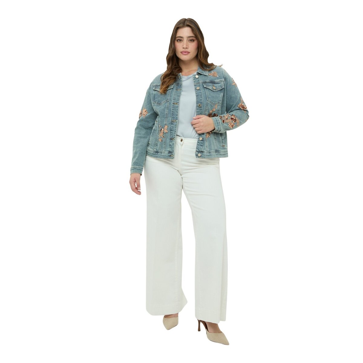 Veste avec broderies florales en paillettes light - blue, FIORELLA RUBINO
