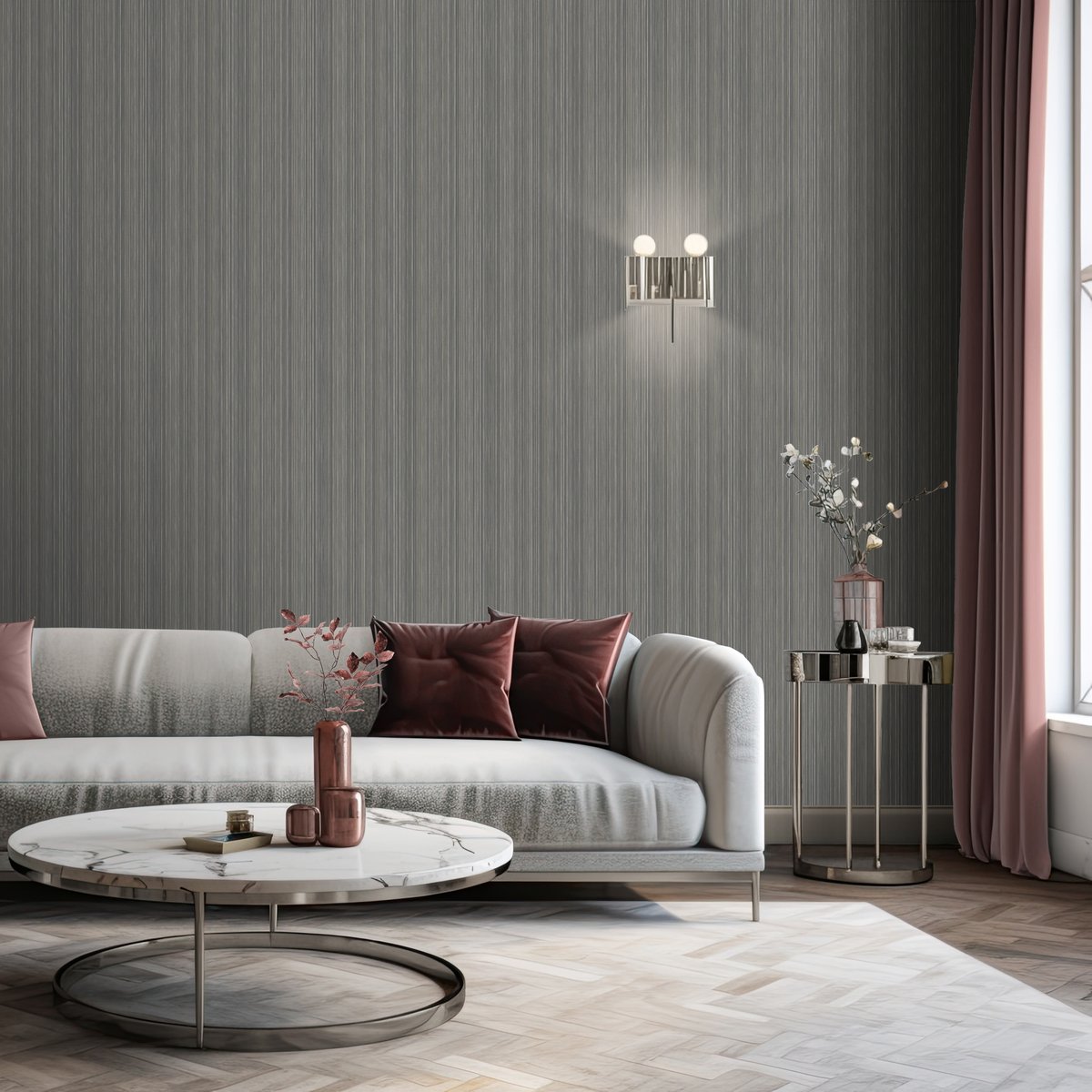 Papier peint rayures fines tissées gris argenté beige, HEXOA