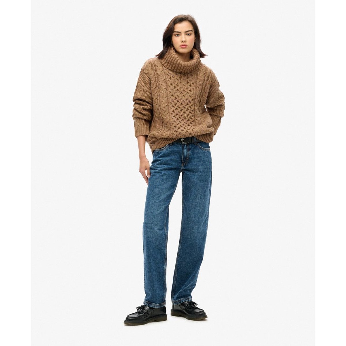 Pull en mailles torsadées à col roulé caramel insulaire twist, SUPERDRY