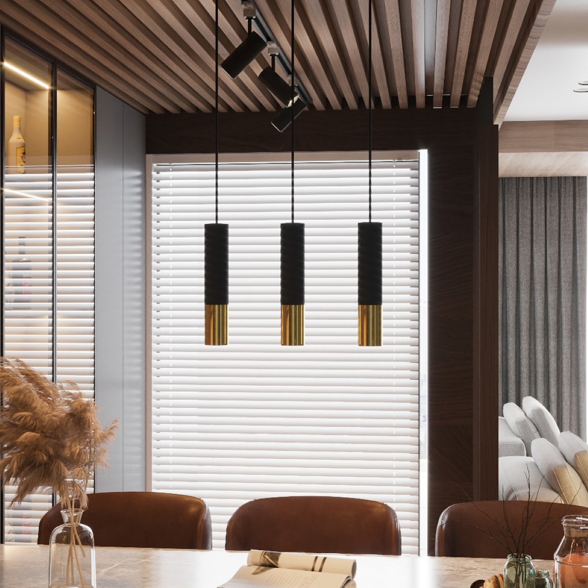 Suspension Acier Or/Noir GU10 3 Loopez jaune, EDEN