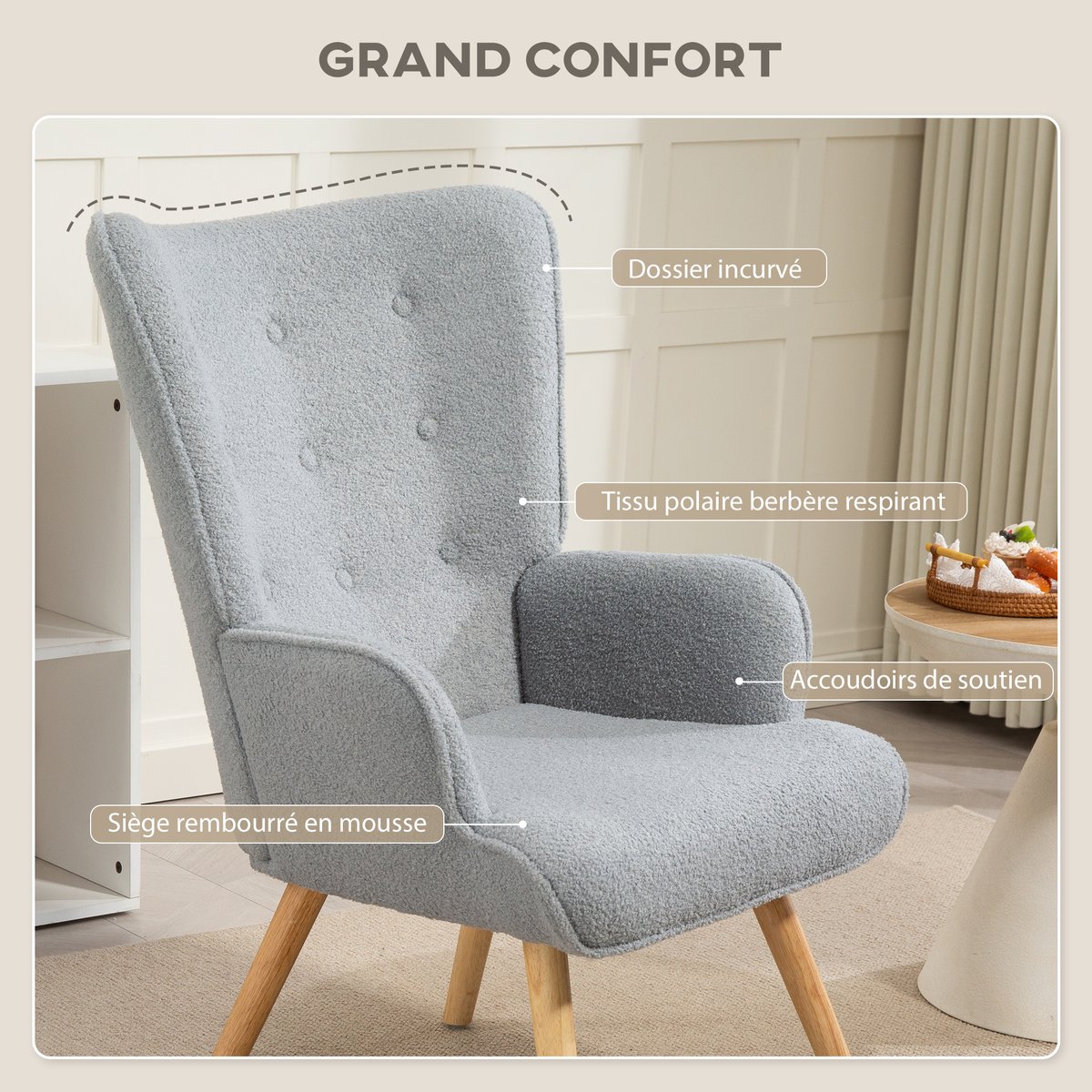 Accent Chair Tissu bouclette (100% polyester) gris, HOMCOM