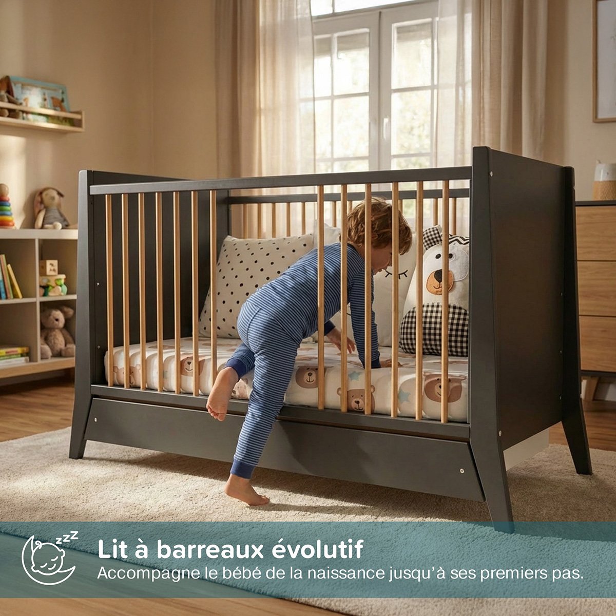 Lit bébé évolutif Timeo - Espace qui grandit gris, MINEA
