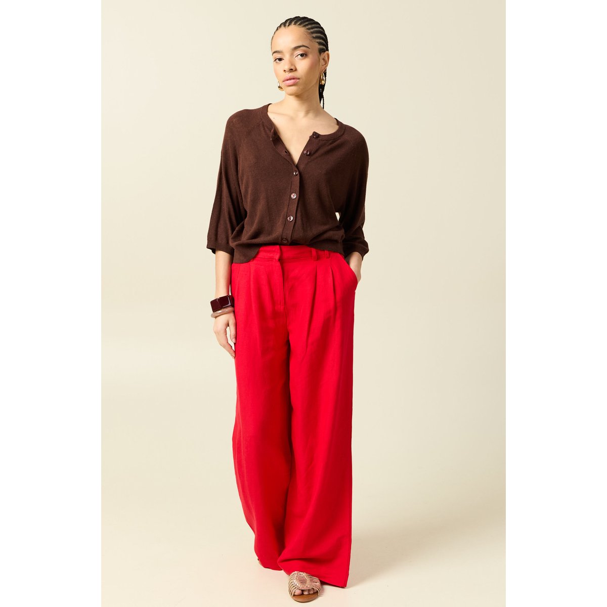 Gilet droit court manches longues marron foncé, BONOBO