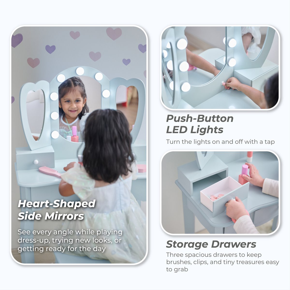 Coiffeuse cœur avec miroir LED & tiroirs blue, TEAMSON KIDS