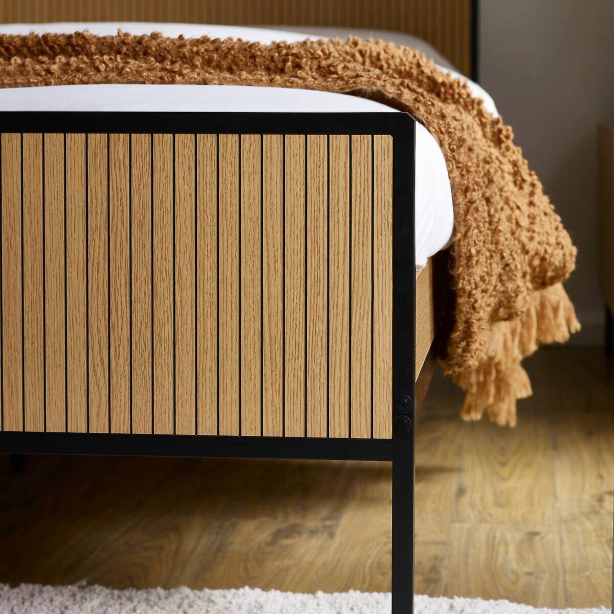 Sira Wood & Steel Bed with Vertical Lines Headboard natural oak, SO'HOME
