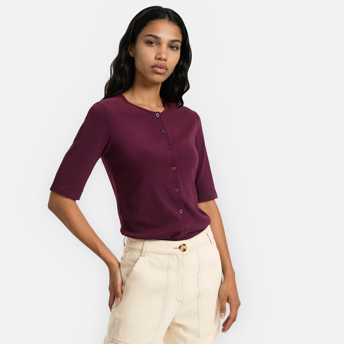 T-shirt girocollo a maniche corte con bottoni viola prugna, LA REDOUTE COLLECTIONS