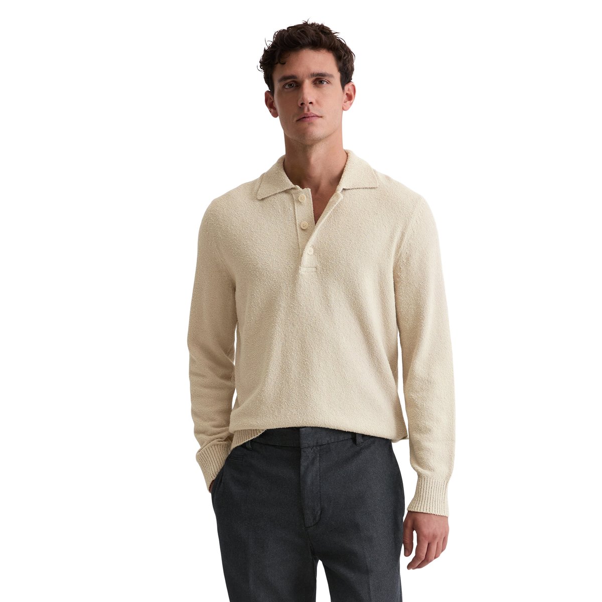 Pull polo regular en bouclette de coton bio beige, MARC O'POLO