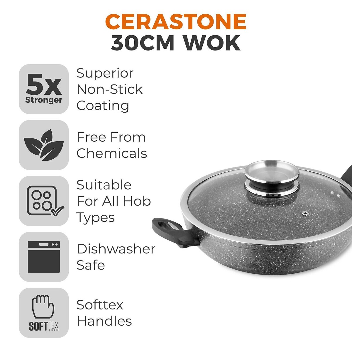 30cm Cerastone Forged Wok grey, TOWER