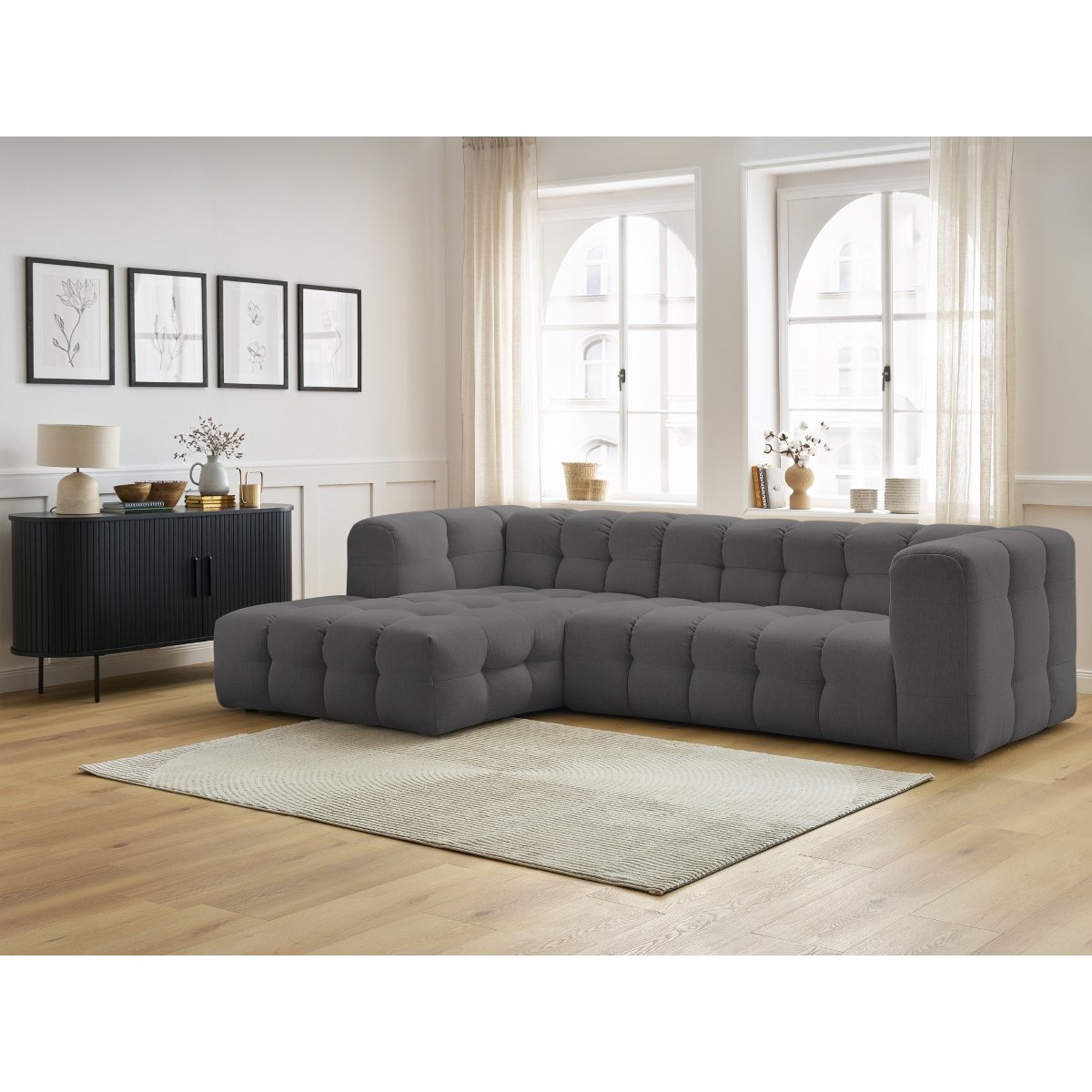 Canapé d'angle fixe 3 places en tissu, CLOUD gris foncé, BOBOCHIC