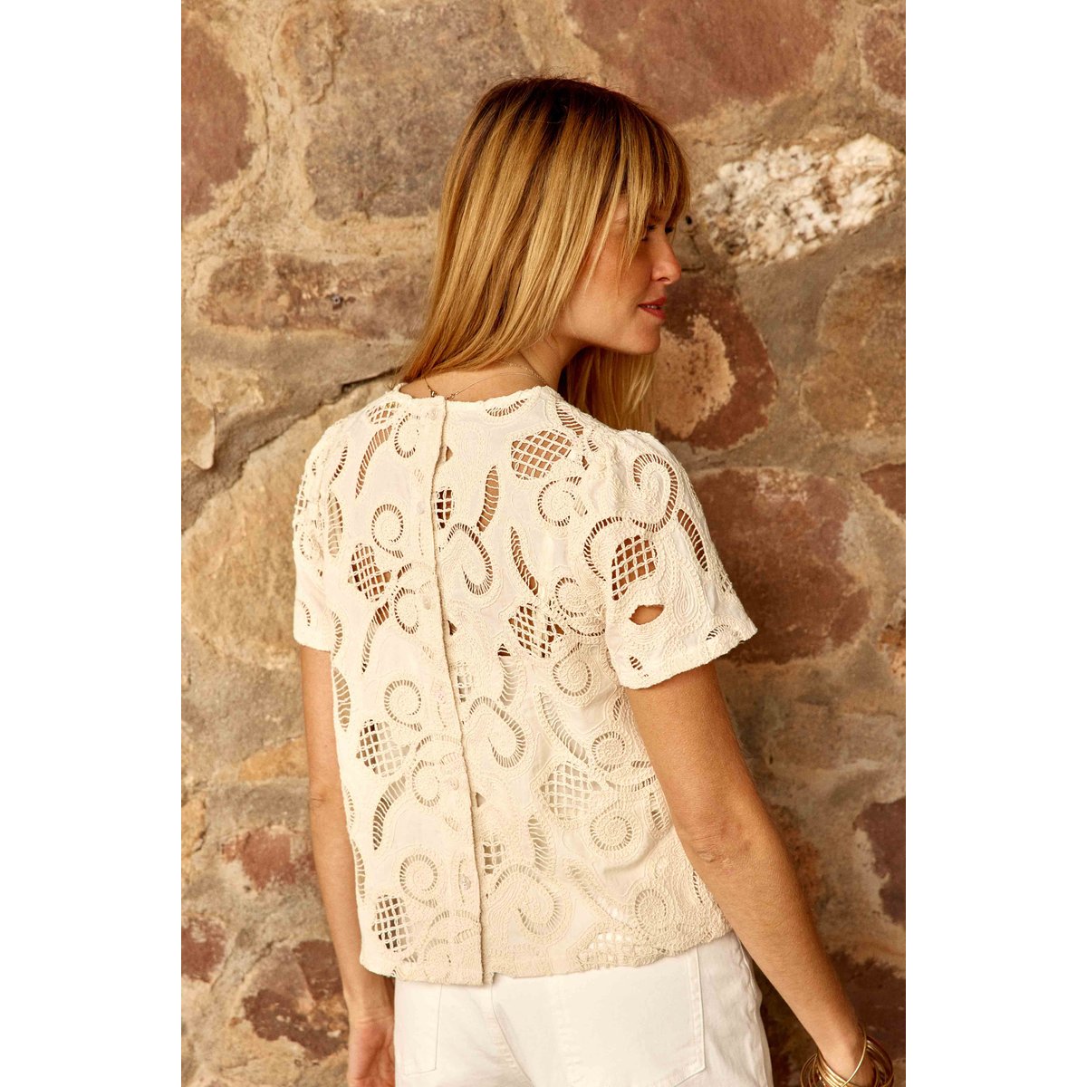 Top manches courtes col rond imprimé broderie TIVA 11-ecru, LA PETITE ETOILE