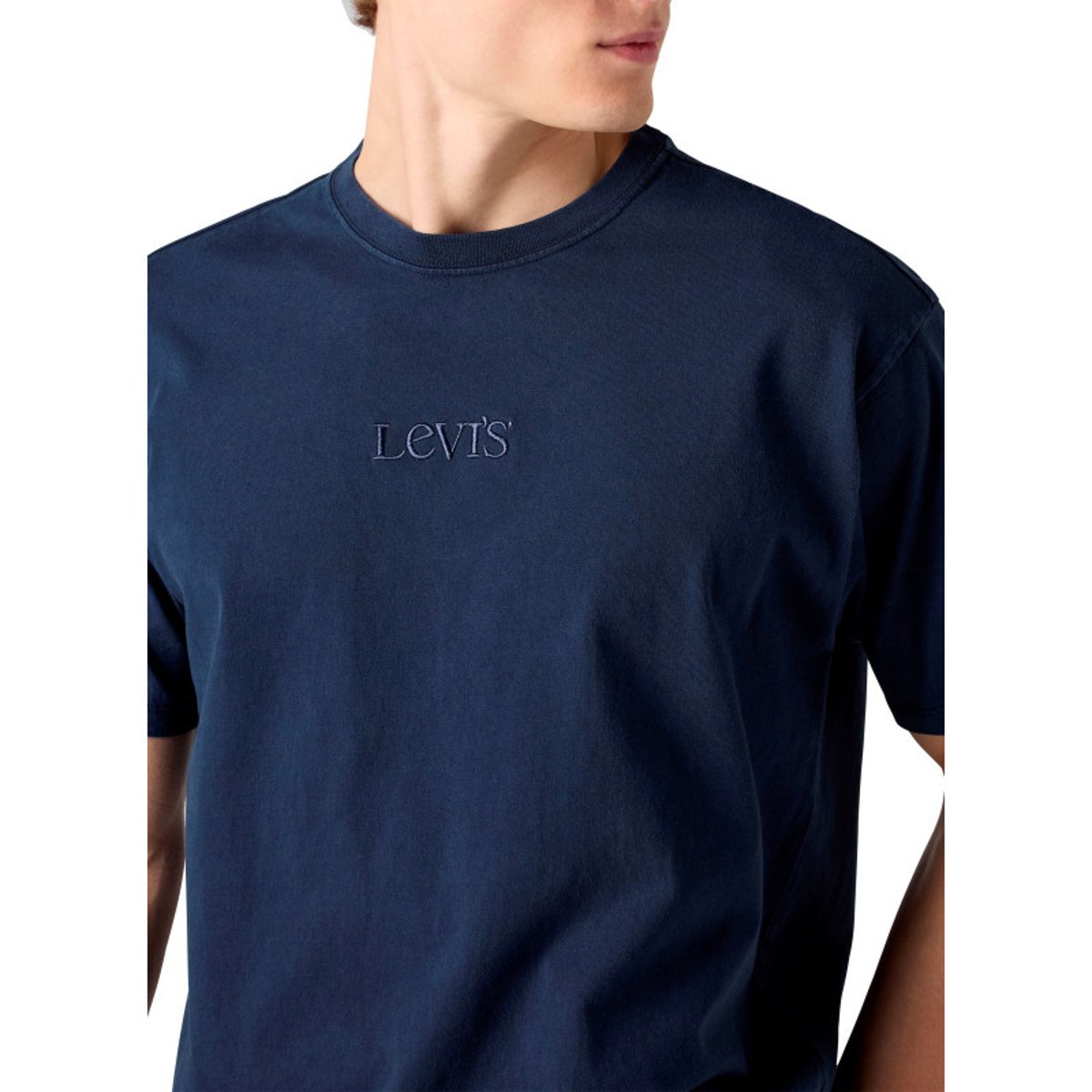 T-shirt en coton marine à coupe droite pourvu d'un col rond côtelé bleu foncé, LEVI'S