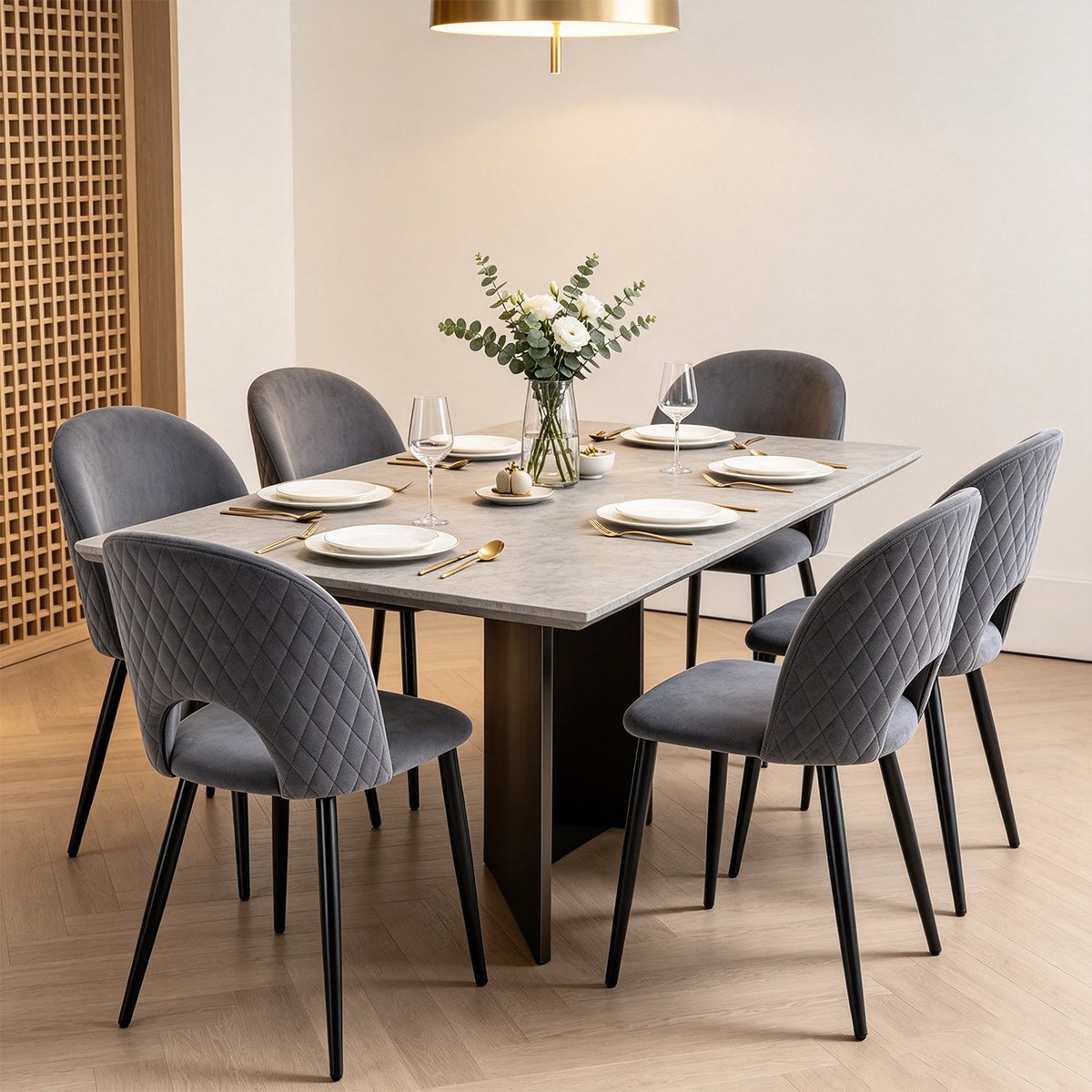 Lot de 6 chaises de salle à manger style industriel en velours, BANZEL gris, MEUBLES COSY