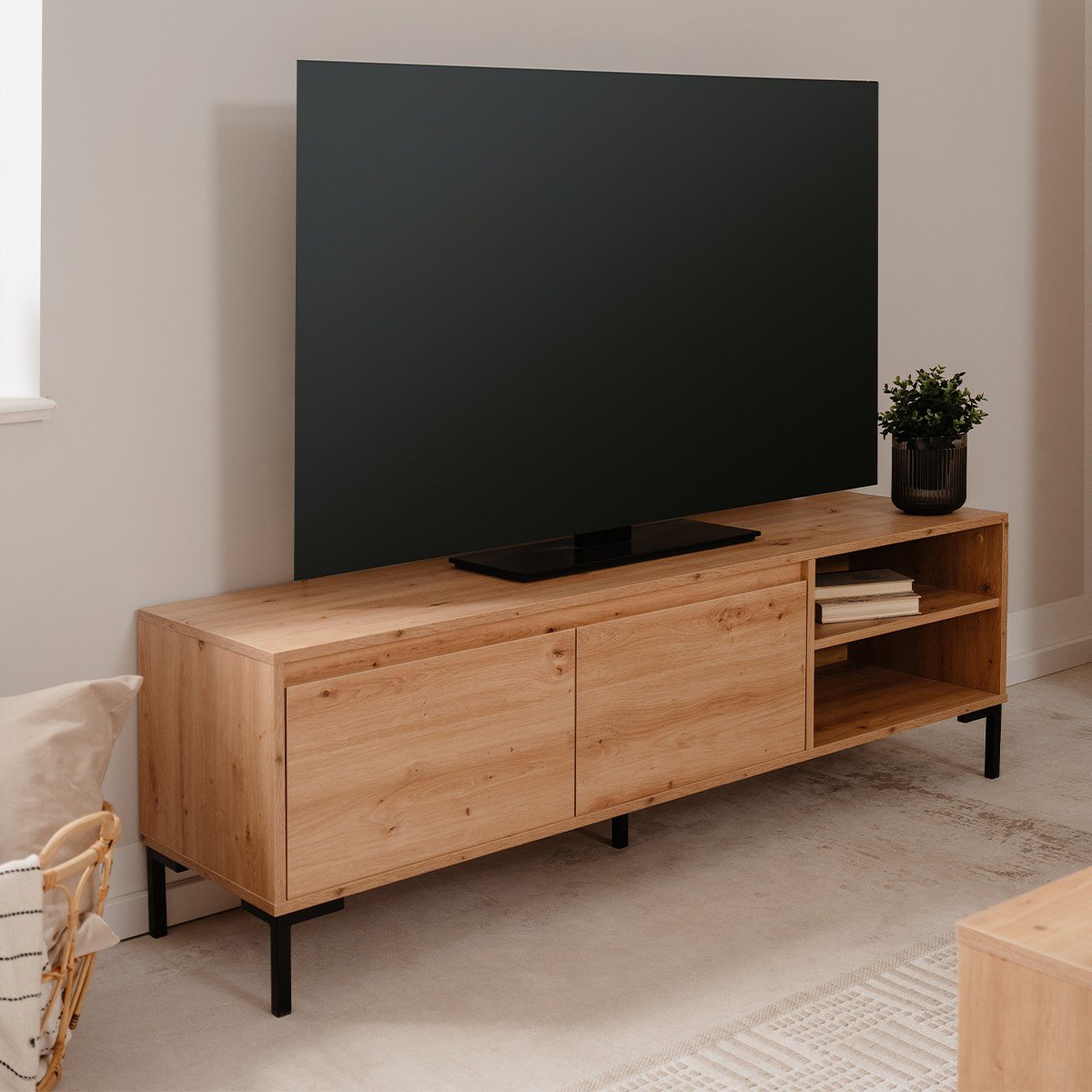 Meuble TV 2 Abattants 2 Niches L150 cm - PLOCK bois clair, CALICOSY