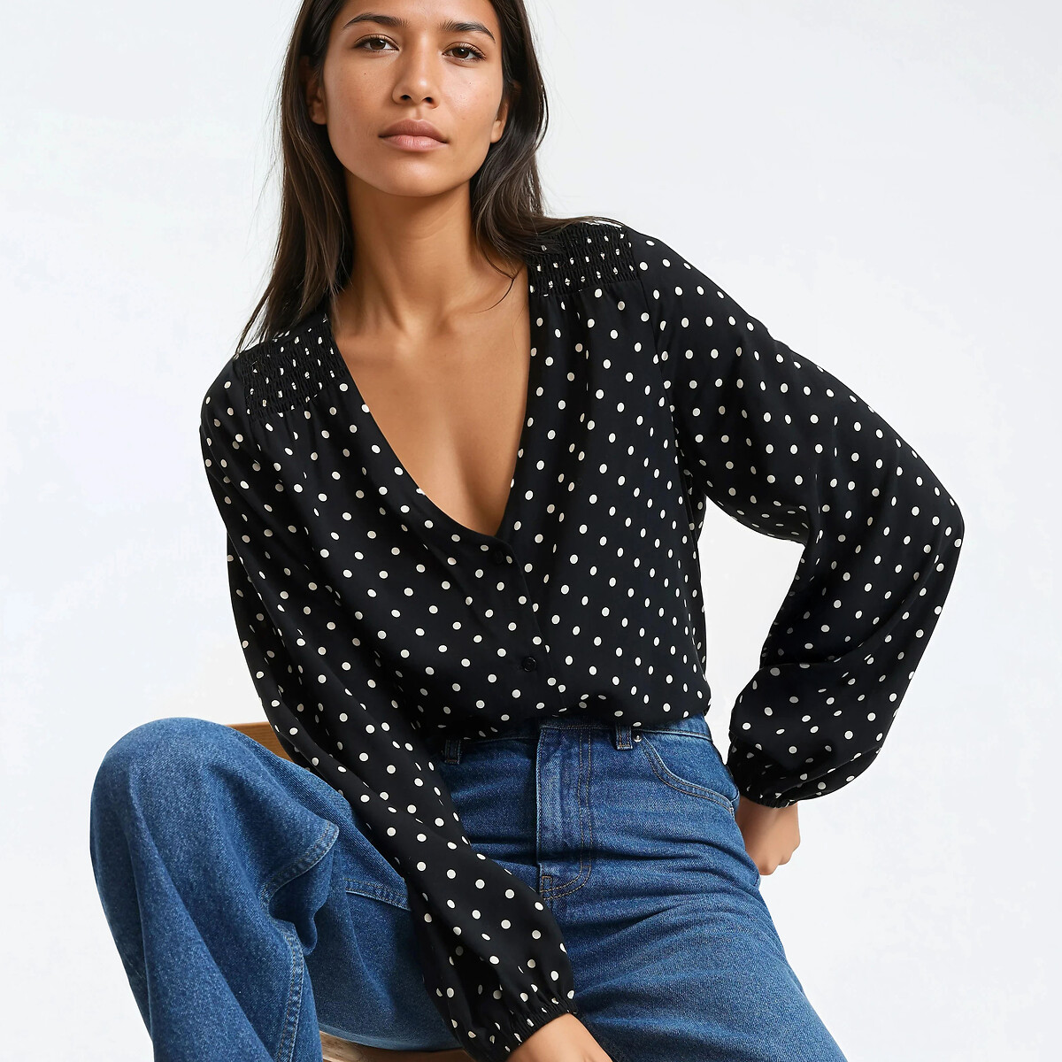 Blouse col V, imprimé à pois, manches longues imprimé pois, LA REDOUTE COLLECTIONS