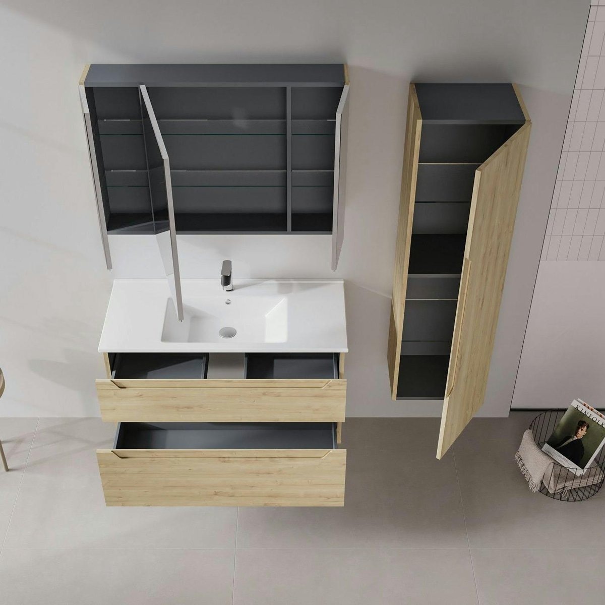 Meuble vasque 100 cm 2 tiroirs design moderne ELYO chêne, PIER IMPORT