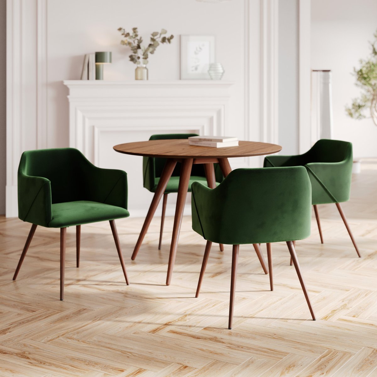 Table et chaises 4 personnes en velours - LIWA marron et vert foncé, MAISON PAVANE