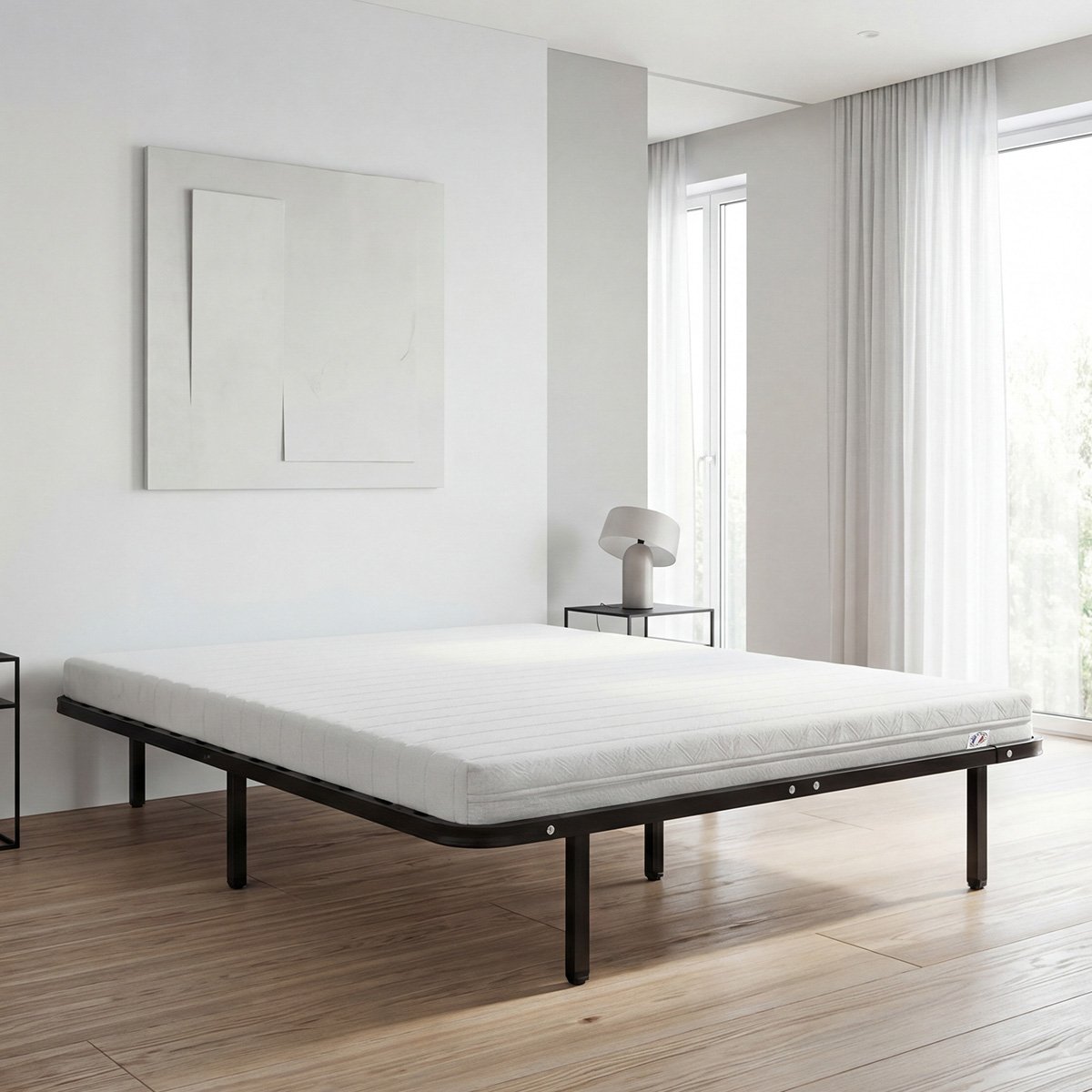 Ensemble Egio 140x190 cm Matelas Mousse + Sommier Métal blanc, OLYMPE LITERIE