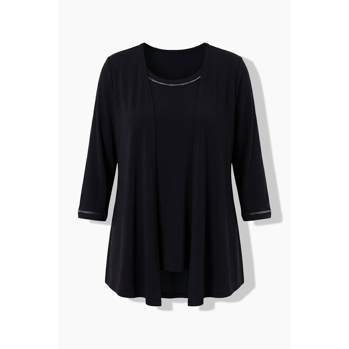 T-shirt 2-en-1décolleté rond et manches 3/4 noir, ULLA POPKEN