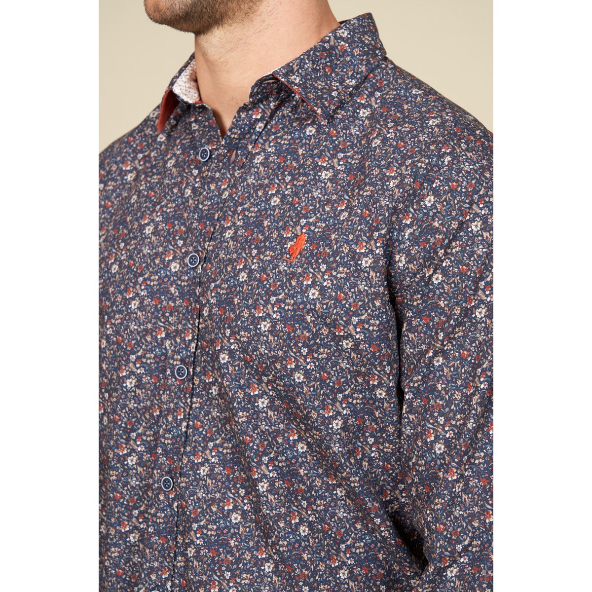 Chemise imprimée motif fleurs des bois bleu marine, MCS